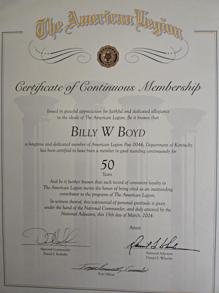 Billy Boyd's 50 year membership certificate